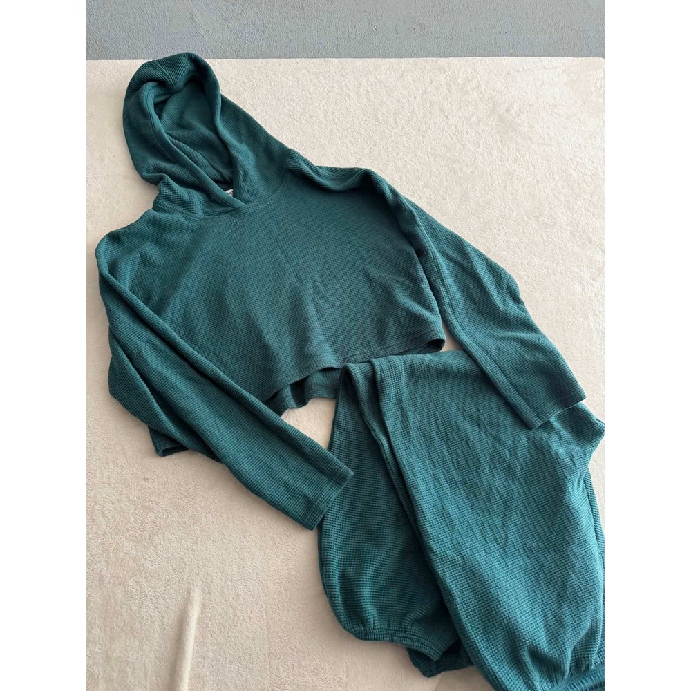 2 Piece Set Athleta Womens M Green Waffle Knit Jogger Pants Loungewear Hooded